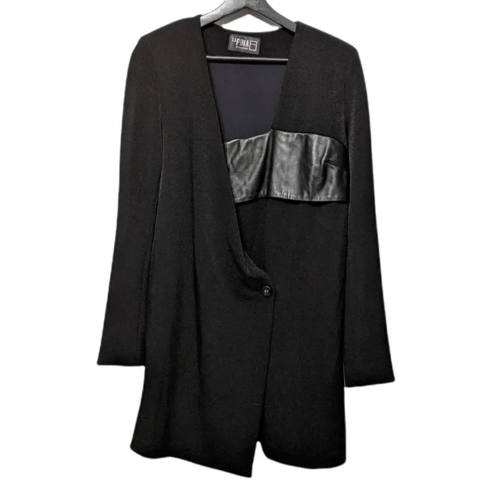 LA PINA BY DAVID HELWANI Black Long Leather Patch Blazer S